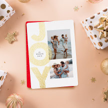 2枚の写真が輝くゴールドのモダンなクリスマスカード