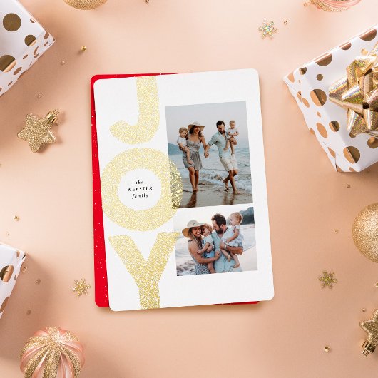 2枚の写真が輝くゴールドのモダンなクリスマスカード 箔シーズンカード