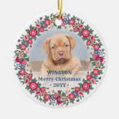 2枚の写真が飾れるレトロなホリデー フローラル クリスマスリース セラミックオーナメント (正面)