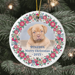 2枚の写真が飾れるレトロなホリデー フローラル クリスマスリース セラミックオーナメント