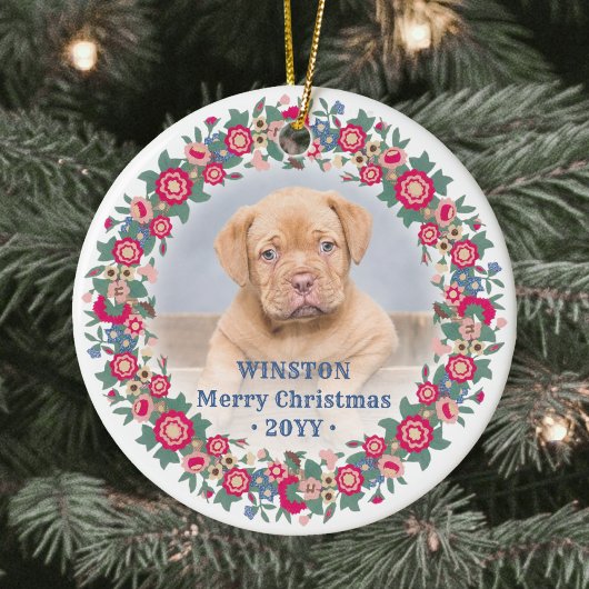 2枚の写真が飾れるレトロなホリデー フローラル クリスマスリース セラミックオーナメント