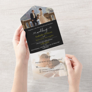 2枚の写真すべてを1枚の結婚式招待状、RSVP オールインワン招待状