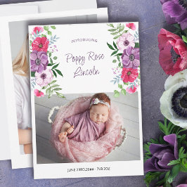 2枚の写真でお花に囲まれた赤ちゃんの誕生をお知らせします パープル ピンク フラワー バース 案内状