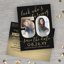 2枚の写真で作る50歳の誕生日Save The Date ゴールド 案内ポストカード
