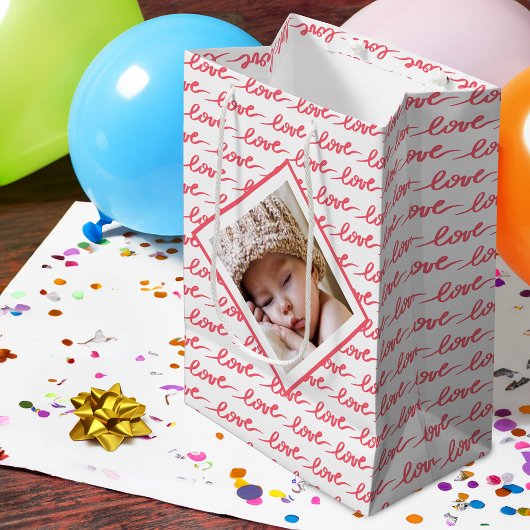 2枚の写真で愛の模様ピンク・バレンタイン ミディアムペーパーバッグ