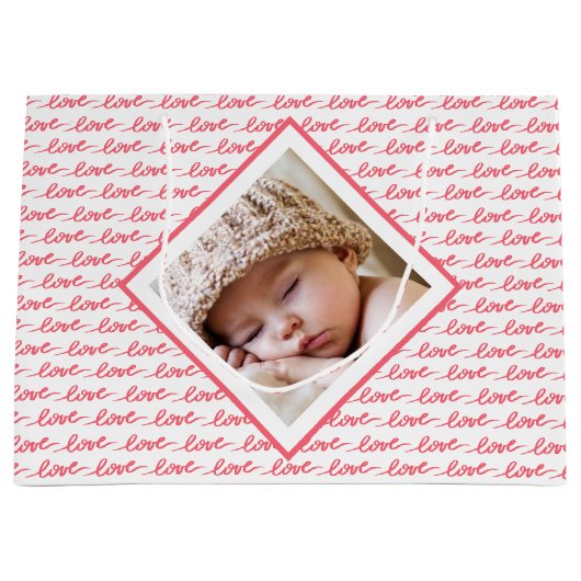 2枚の写真で愛の模様ピンク・バレンタイン ラージペーパーバッグ (正面)