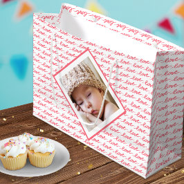 2枚の写真で愛の模様ピンク・バレンタイン ラージペーパーバッグ