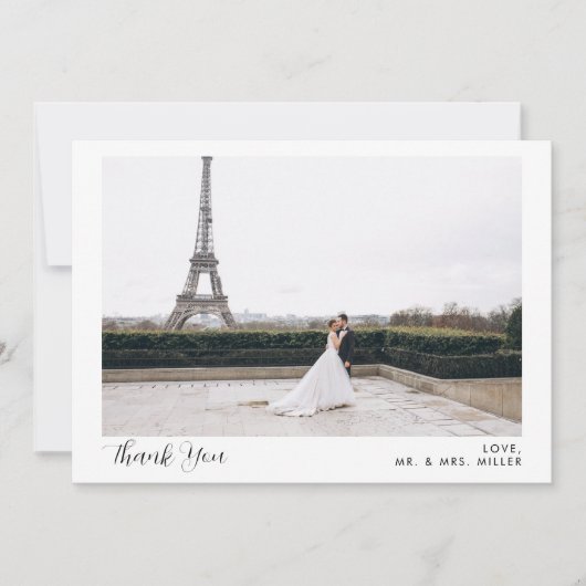 2枚の写真とカリグラフィー 結婚式のお礼カード 招待状 (正面)