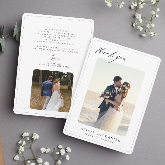 2枚の写真とミニマルなエレガントなタイポグラフィの結婚式 サンキューカード