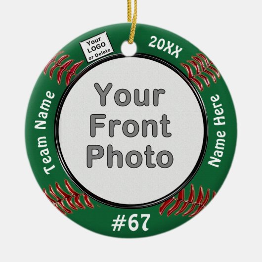 2枚の写真とロゴソフトボールオーナメント、お使いのカラー セラミックオーナメント (正面)