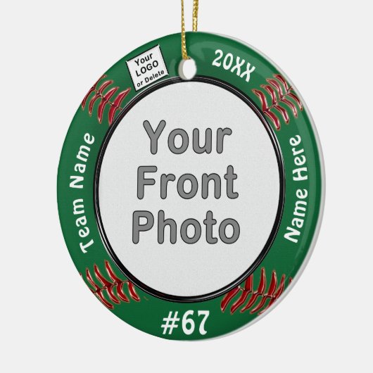 2枚の写真とロゴソフトボールオーナメント、お使いのカラー セラミックオーナメント (左)