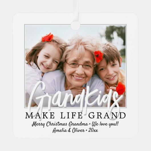 2枚の写真と子供の名前グランドキッズ メタルオーナメント (正面)