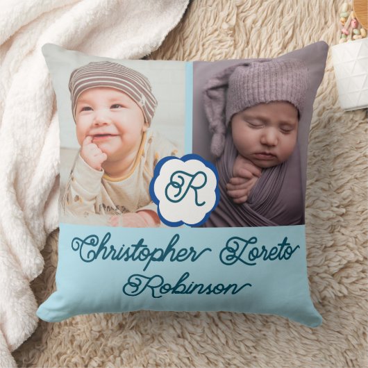 2枚の写真と完全な名前&モノグラム男の赤ちゃんThr クッション (ブランケット)