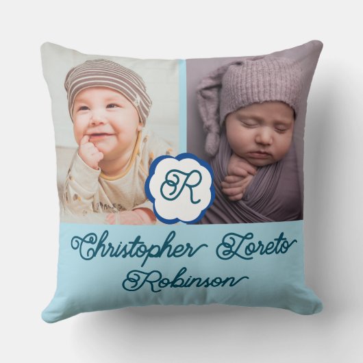 2枚の写真と完全な名前&モノグラム男の赤ちゃんThr クッション (裏面)