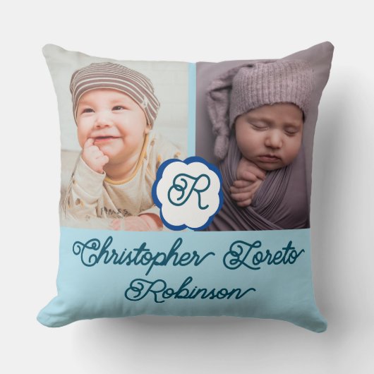2枚の写真と完全な名前&モノグラム男の赤ちゃんThr クッション (正面)