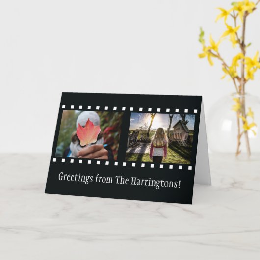 2枚の写真と文字「フィルムストリップ」グリーティングカード カード (黄色い花)