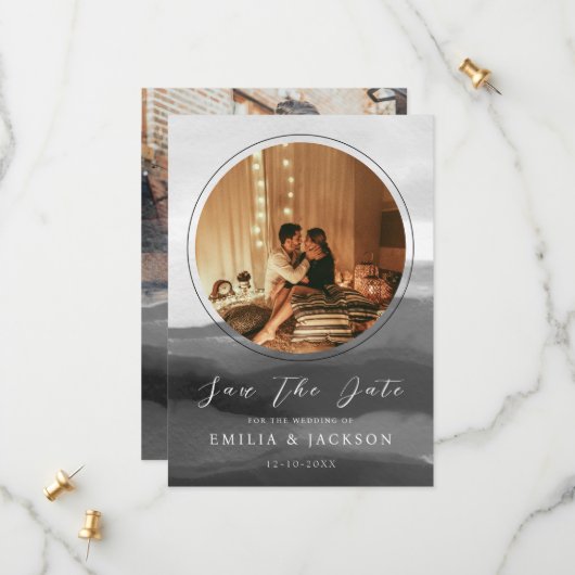 2枚の写真と白黒抽象芸術の重ね結婚合わせ セーブザデート (正面/裏面インサイチュ)