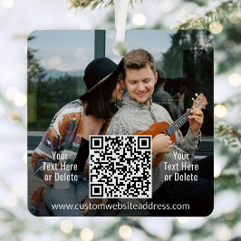 2枚の写真とQRコードスキャン可能なWebサイトリンクスクエア メタルオーナメント