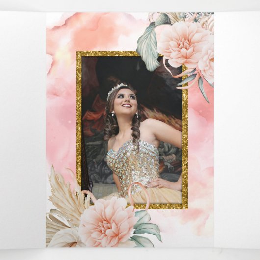 2枚の写真のキンセアネラ　英語　スペイン語　コーラルローズ 三つ折り招待状 (内部中)