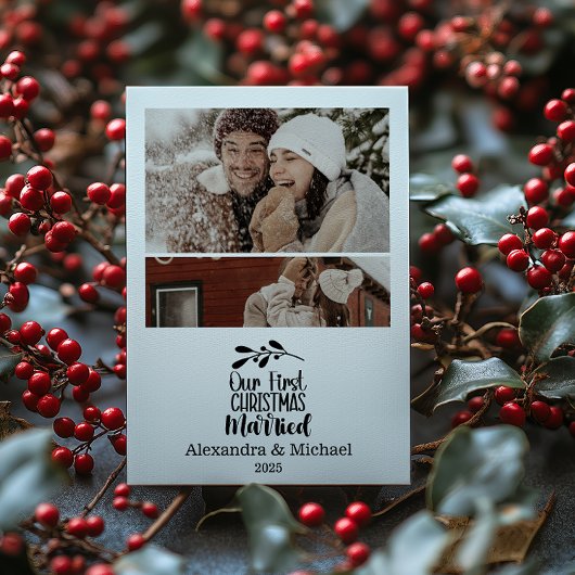 2枚の写真のミニマリスト私たちの最初のクリスマスの結婚 シーズンカード