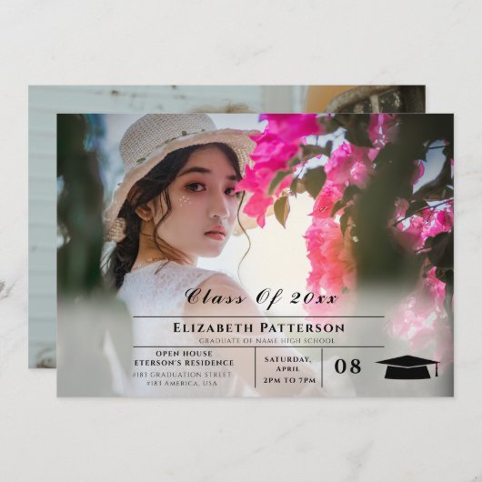 2枚の写真の卒シンプル業表エレガント示 招待状 (正面/裏面)