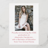 2枚の写真の卒業発表のスクリプト 箔招待状 (裏面)