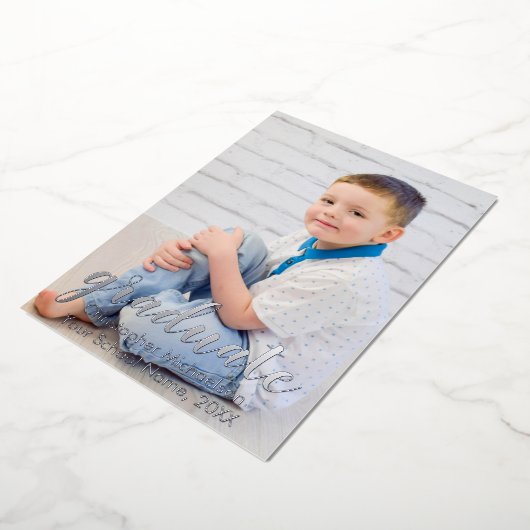 2枚の写真の卒業発表のスクリプト 箔招待状 (回転した状態)