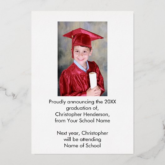 2枚の写真の卒業発表のスクリプト 箔招待状 (裏面)