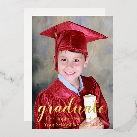 2枚の写真の卒業発表のスクリプト 箔招待状 (正面/裏面)