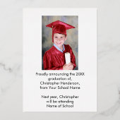 2枚の写真の卒業発表のスクリプト 箔招待状 (裏面)