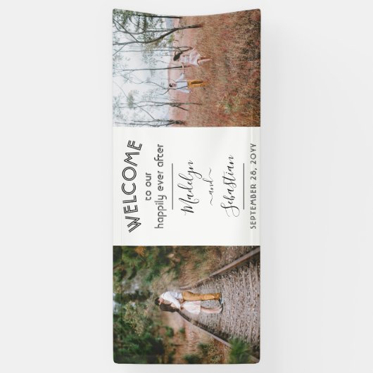 2枚の写真の歓迎を受けシンプルて幸せ結婚に 横断幕 (縦)