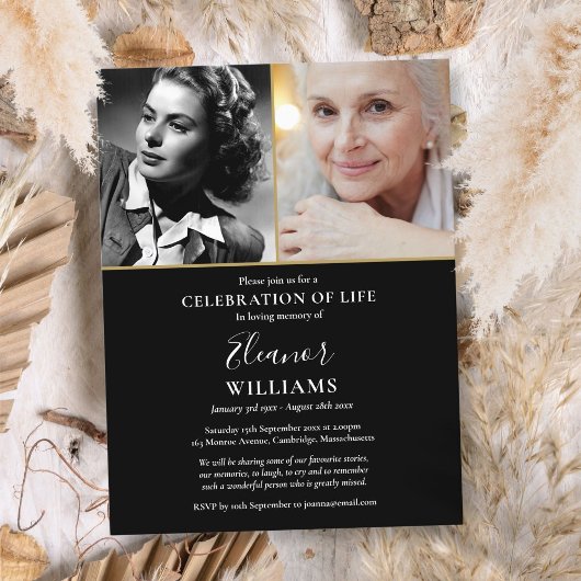 2枚の写真を使った人生の祝い・追悼式の招待状 案内ポストカード