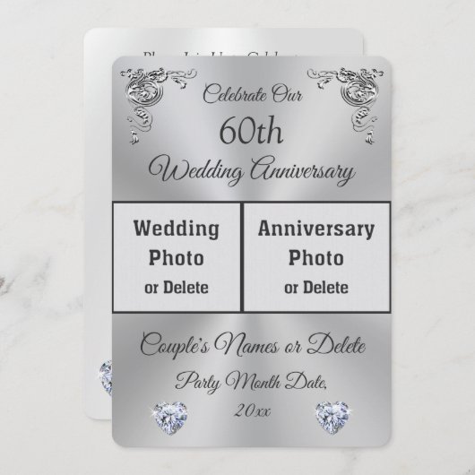 2枚の写真を使った、オーダーメイドのダイヤモンド・アニバーサリー・招待状 招待状 (正面/裏面)