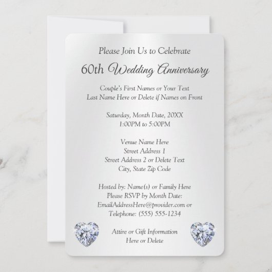 2枚の写真を使った、オーダーメイドのダイヤモンド・アニバーサリー・招待状 招待状 (裏面)