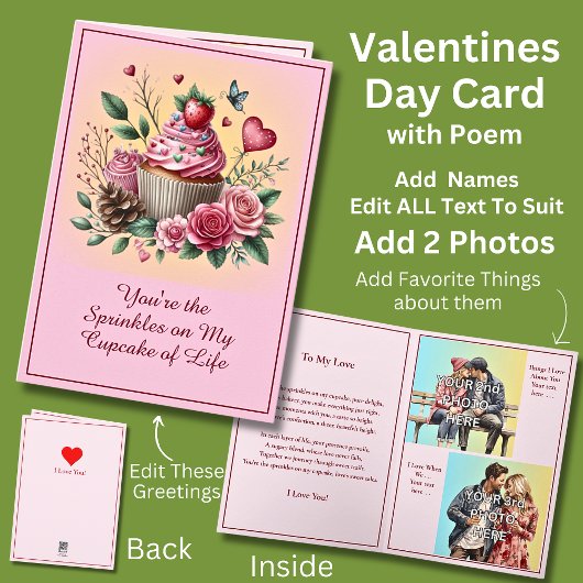 2枚の写真を追加 - バレンタインのカップケーキにスパンコール カード
