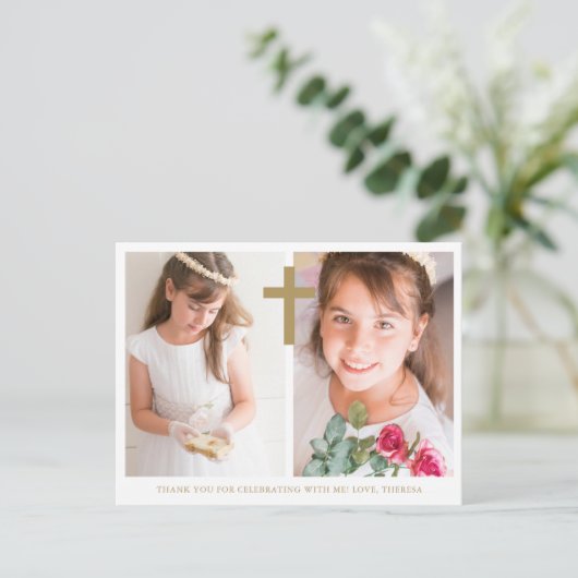 2枚の写真を飾った初めての聖体拝領 感謝カード ポストカード (スタンド正面)