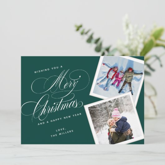 2枚の写真を飾る エレガントなスクリプト グリーン ホワイト シーズンカード (スタンド正面)
