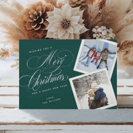 2枚の写真を飾る エレガントなスクリプト 緑と白 シーズンカード