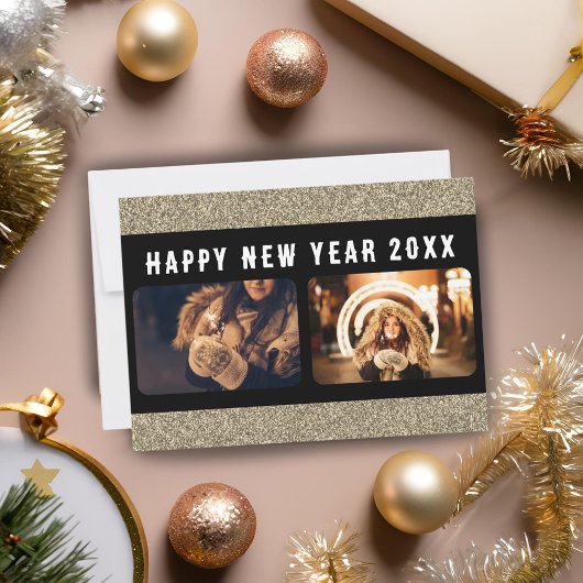 2枚の写真を飾る ゴールドグリッターでおしゃれな 2026年あけましておめでとうカード シーズンカード