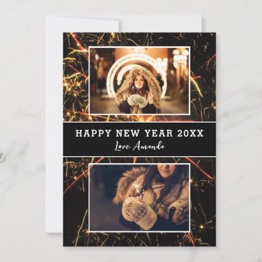 2枚の写真を飾る 花火と共に迎える新しい年おめでとう シーズンカード (正面)