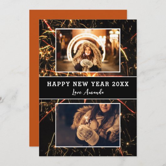 2枚の写真を飾る 花火と共に迎える新しい年おめでとう シーズンカード (正面/裏面)