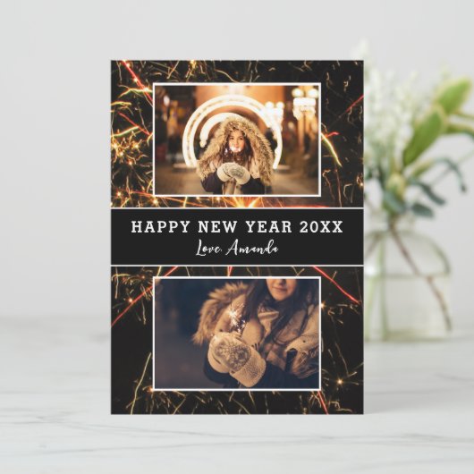 2枚の写真を飾る 花火と共に迎える新しい年おめでとう シーズンカード (スタンド正面)