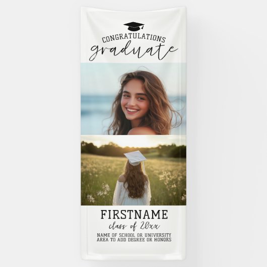 2枚の写真を飾れる 卒業式 現代的 ミニマル 白 横断幕 (縦)