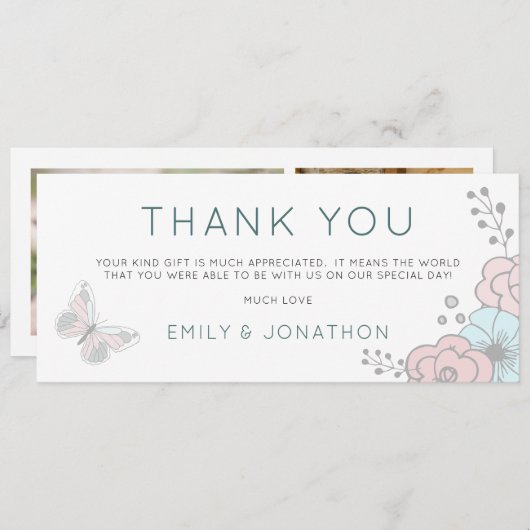 2枚の写真アート花模様蝶ありがとう (正面/裏面)