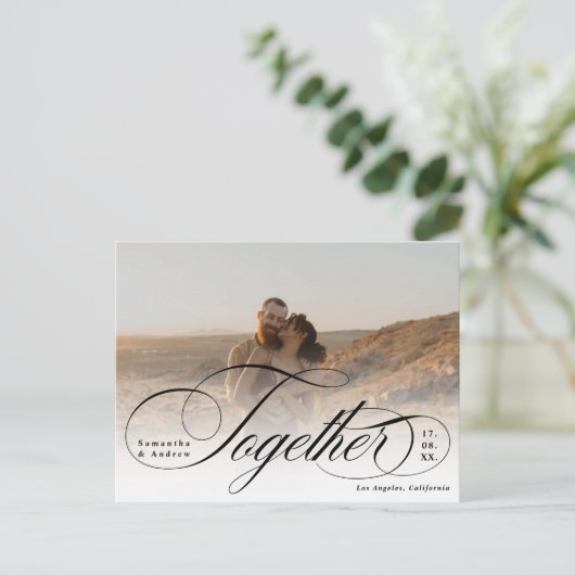 2枚の写真エレガントを一緒にスクリプトで日付を保存 ポストカード (スタンド正面)