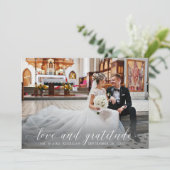 2枚の写真エレガント白のスクリプ結婚トに感謝 サンキューカード (スタンド正面)