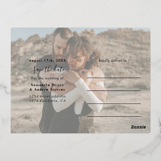 2枚の写真エレガント金ゴールドを一緒にスクリプトに保存する日付 箔招待状ポストカード (裏面)