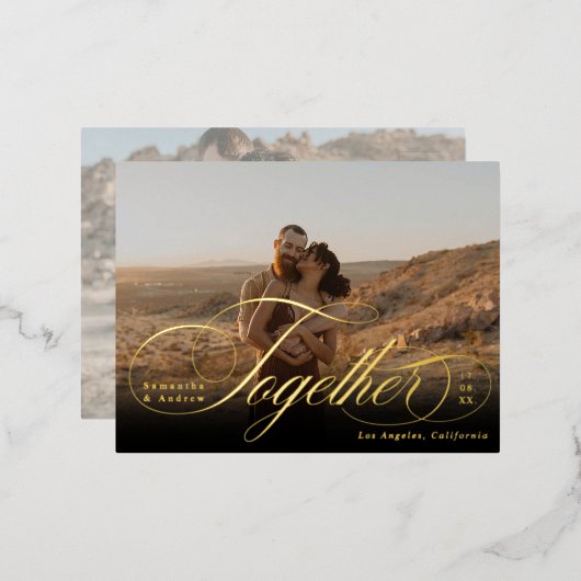2枚の写真エレガント金ゴールドを一緒にスクリプトに保存する日付 箔招待状ポストカード (正面/裏面)