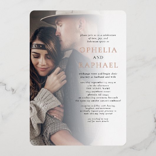 2枚の写真オーバーレイQRコードボヘミ結婚アン実在ズ 箔招待状 (正面)