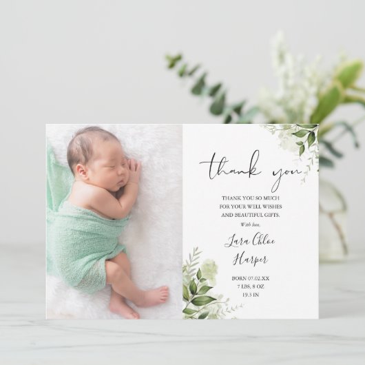2枚の写真グリーンリーフローラありがとうベビー誕生 案内状 (スタンド正面)
